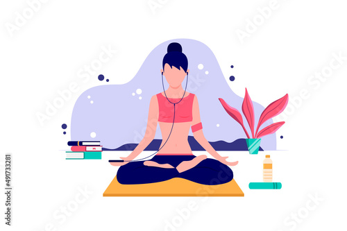 Woman sitting for meditation illustration. Woman doing yoga at home and listening music vector illustration.