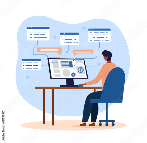 Young programmer at computer. Man writes code for program or interface for site. Program development, freelancer and coworking. Remote worker fixes technical problems. Cartoon flat vector illustration