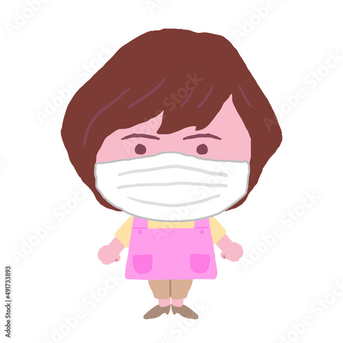 女性　エプロン　保育士　イラスト素材