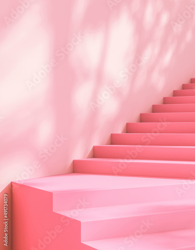 Pink stair and sun shade tropical plants on the wall  abstract background. 3d rendering
