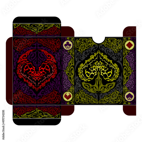 Tuck box template for poker playing cards with hearts and spades suits. Oriental fairy tale style. Vector illustration isolated on white background.