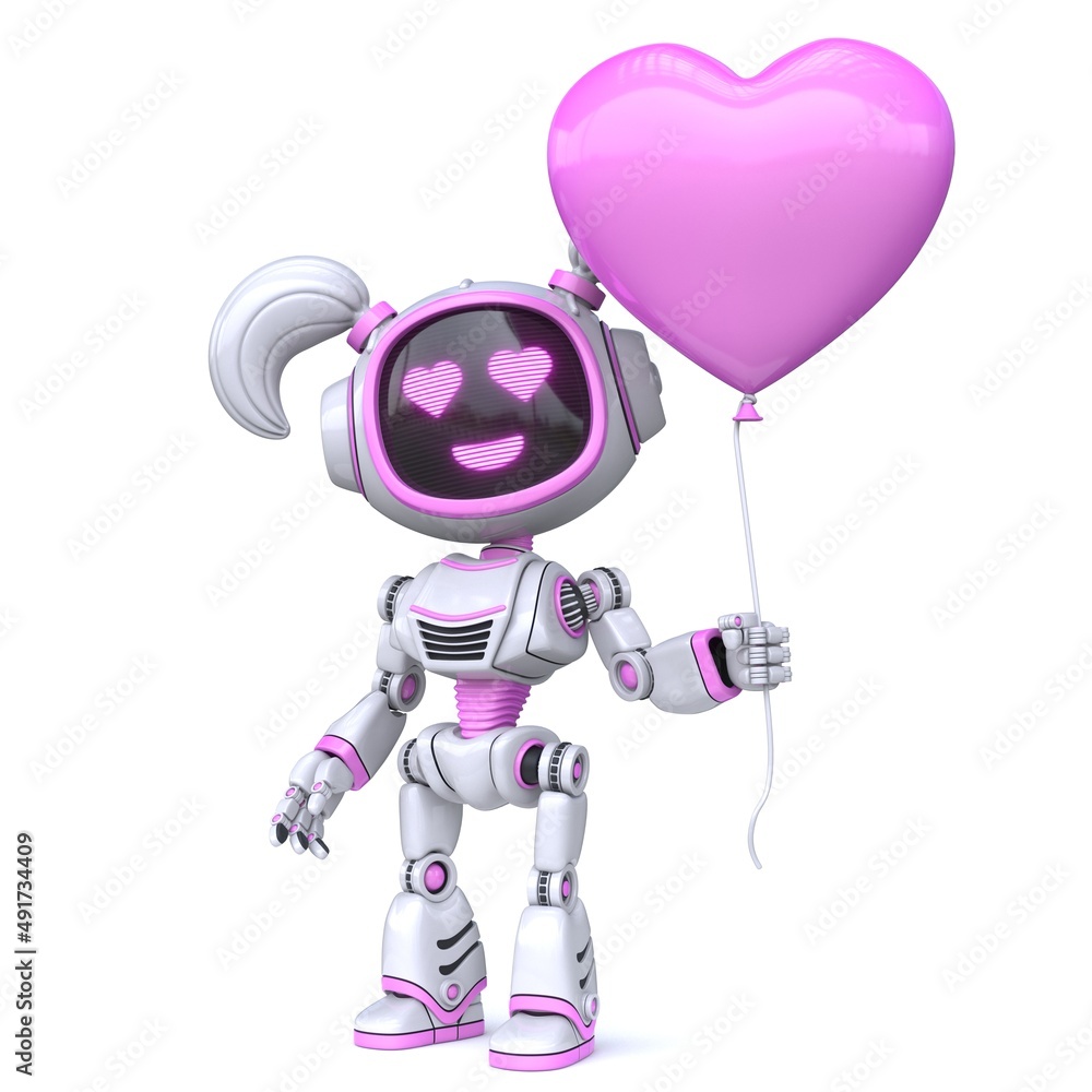 Cute pink girl robot hold heart shaped balloon 3D Cute pink girl robot hold heart shaped balloon 3D
