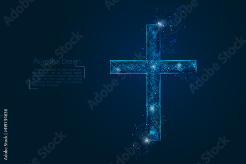 Abstract isolated image christian cross. Polygonal low poly style illustration looks like stars in the blask night sky in spase or flying glass shards.