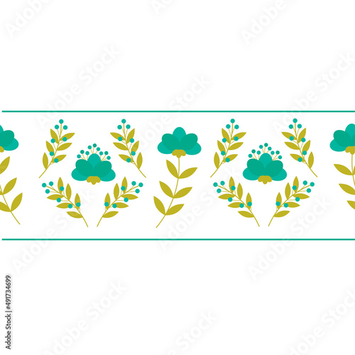 Decorative border with blue flowers and leaves. Floral frame. Vector illustration. For use in postcards, invitations, leaflets and flyers, invitations.