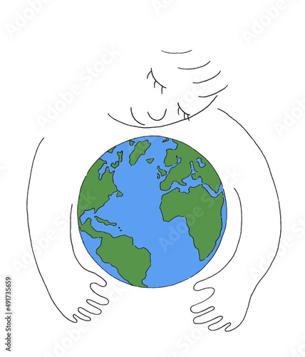 地球儀と人間-エコイメージ-手描きの線画