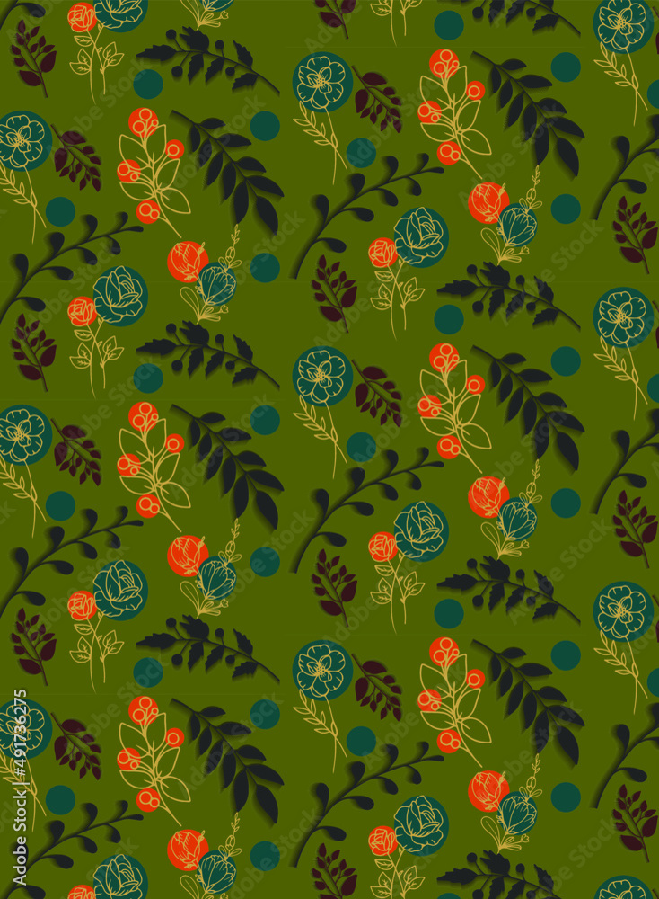 Seamless pattern with flowers and leaves in the paper cut style on the olive background Seamless pattern with flowers and leaves in the paper cut style on the olive background