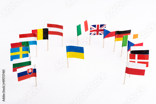 European countries do not accept Ukraine into the European Union. Flags of Europe and the flag of Ukraine