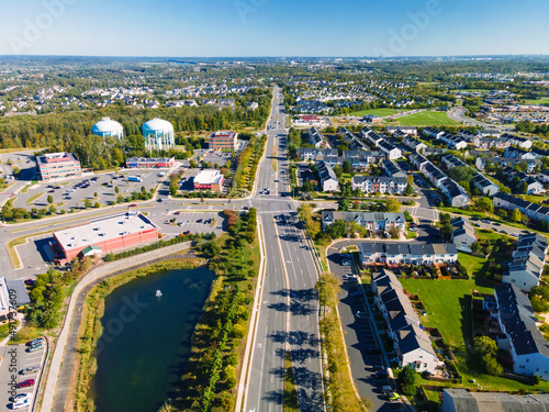 Aerial view of the streets and roads in a residential area of a small town.
