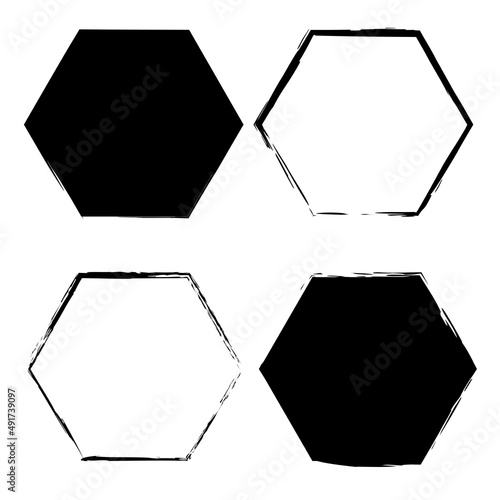 Abstract brush hexagons. Geometric grunge texture. Ink brush stroke drawing. Vector illustration. stock image. 