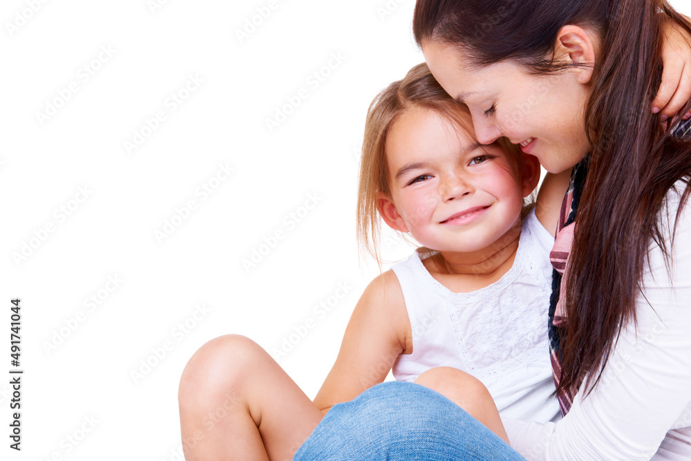 Mother-daughter relationships. Portrait of a cute little girl sitting in her mothers arms. Mother-daughter relationships. Portrait of a cute little girl sitting in her mothers arms.