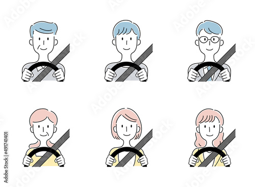 運転をする様々な人物のベクターイラストセット（左ハンドル）