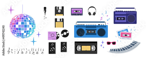 Retro set of musical elements in the style of the eighties. Disco ball, tape recorder, tape cassettes, video cassette, headphones, notes and the like. Disco, party in vintage style. Vector.