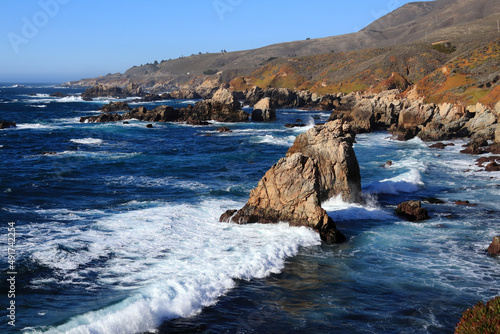 The rocky shore of Big Sur. Ocean waves and wind.