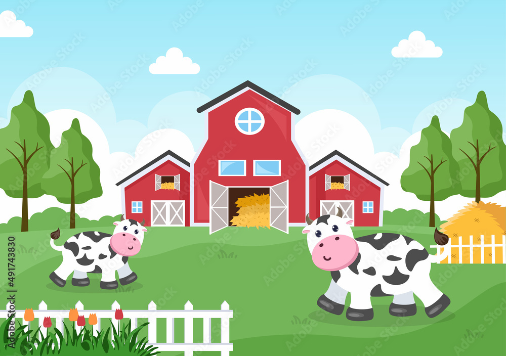 Naklejka premium Dairy Cows Pictures with a View of a Meadow or a Farm in the Countryside to Eat Grass in an Illustration Flat Style