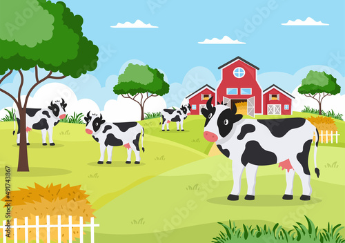 Dairy Cows Pictures with a View of a Meadow or a Farm in the Countryside to Eat Grass in an Illustration Flat Style