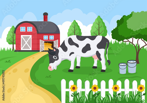 Dairy Cows Pictures with a View of a Meadow or a Farm in the Countryside to Eat Grass in an Illustration Flat Style
