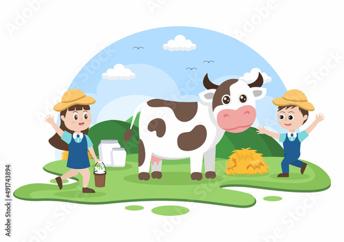 Farmers are Milking Cows to Produce or Obtain Milk with Views of Green Meadows or on Farms in an Illustration Flat Style