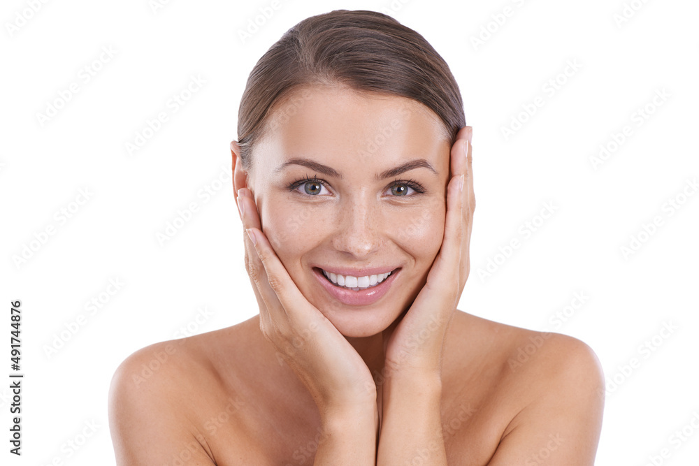 Flawless perfection. A beautiful young woman feeling her smooth skin while isolated on a white background. Flawless perfection. A beautiful young woman feeling her smooth skin while isolated on a white background.