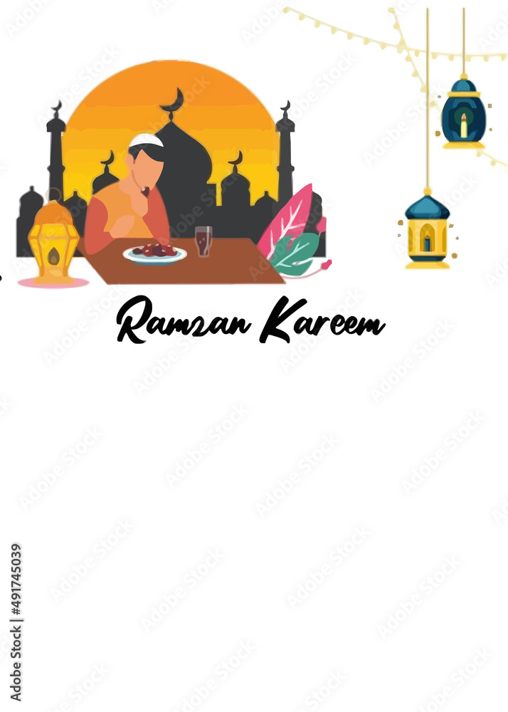 Fototapeta premium Ramadan Kareem, illustration Vector Outline, Ramazan Greeting Card Drawing, Ramzan Mubarak, Ramadan Arabesque Decoration and Lamps Vector.