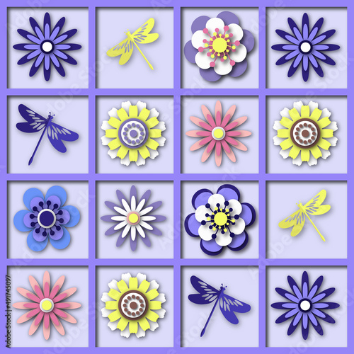 Flowers, paper cut, squares, geometric patterns