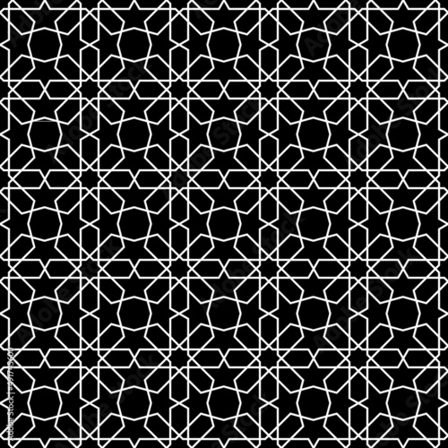 Seamless islamic pattern black and white vector illustration, abstract islamic texture graphic design background. Textile ornament. Vector illustration. EPS 10.