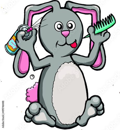 Cartoon bunny with hair spray and comb fixing his hair.