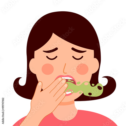 Woman with bad breath in flat design on white background. Smelly mouth concept vector illustration. Oral health.