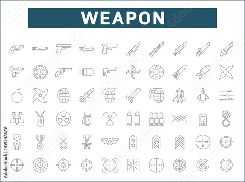 Set of weapon and Military icons line style. It contains such Icons as combat, gun, revolver, bullet, bomb, toxic, aim, knife, missile and other elements.