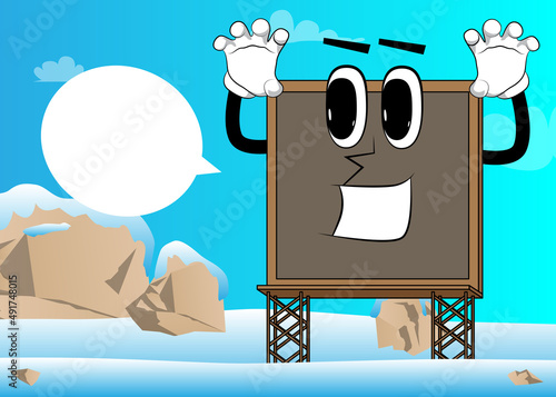 Billboard is trying to scare you. Cute cartoon advertisement sign, banner character.