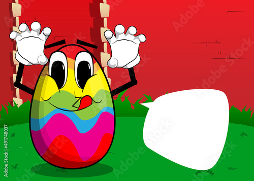 Easter Egg is trying to scare you. Cartoon character with funny face for the Easter holiday.