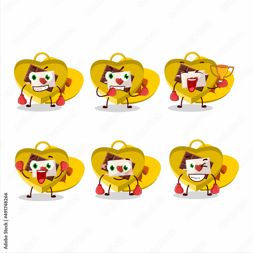 A sporty yellow love open gift box boxing athlete cartoon mascot design A sporty yellow love open gift box boxing athlete cartoon mascot design