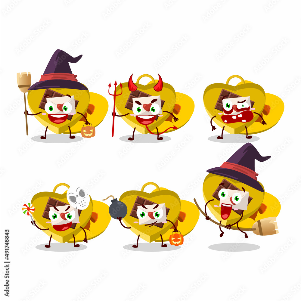 Obraz premium Halloween expression emoticons with cartoon character of yellow love open gift box