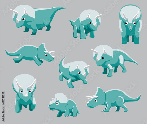 Cartoon Dinosaur Triceratops Cute Various Poses Cartoon Vector Illustration