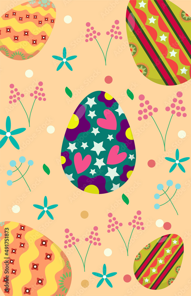 Happy easter easter egg on spring easter day, cute egg character surrounded by flowers, pink background.