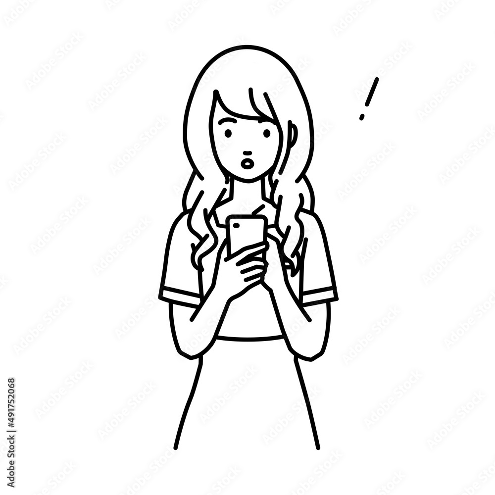 立ってスマートフォンを操作して何かに気づいて驚いたエステ店員・受付・接客業の女性