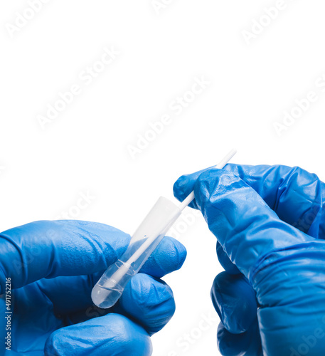 Medical personnel infusion a cotton swab to saline extraction tube for diagnostic covid-19, isolated on white background,Coronavirus infectious protective concept