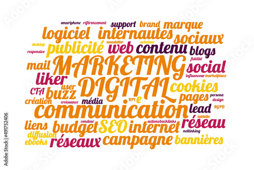 Illustration Marketing Digital en nuage de mots avec un fond transparent