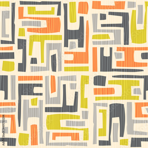 Seamless abstract mid century modern pattern. Retro design of geometric shapes. Use for backgrounds, fabric design, home decor. Vector illustration.