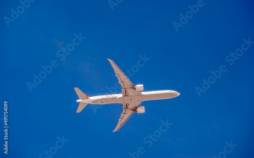 The plane is flying in the blue spring sky