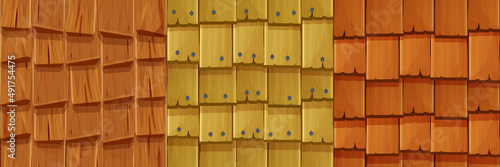 Set old wooden roof, shingles cover from planks with nails, ui game background, seamless pattern in cartoon style isolated. Detailed, textured material. 