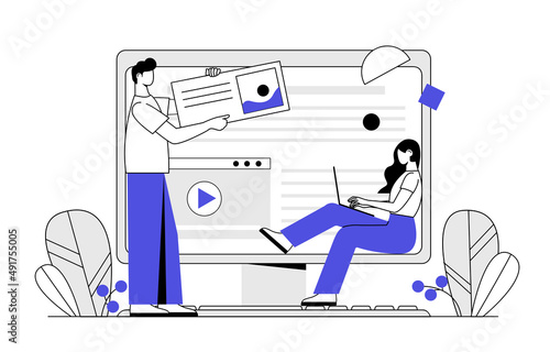 A man is working on a design project. Character illustration for advertising banner design, app.