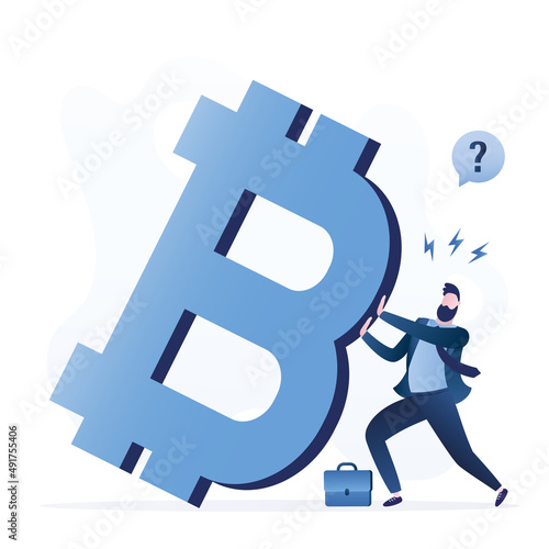 Unhappy trader trying to maintain stability of bitcoin. Instability, fall in rate of cryptocurrency. Male financier supports crypto from falling. Volatility in financial markets.