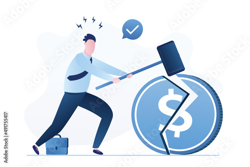 Confident businessman using hammer and breaks dollar coin. Refusal to Use US Currency. Lack of dependence on foreign currency. Financier or trader does not invest in currency