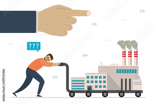 Industry relocation. Worker man push cart with dirty industrial factory. Hand of politician forbids placement of dirty industries in country. Global relocation of production and equipment.
