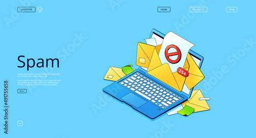 Spam isometric landing page with letter envelopes on laptop screen. Electronic email service messages as part of business marketing or hacker attack. Webmail malware concept, 3d vector web banner