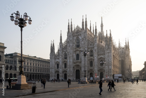 Milan – October, 2017 – Architectural detail of the Piazza del Duomo (Cathedral Square), the main city square of the city. Named after, and dominated by, Milan Cathedral (the Duomo)