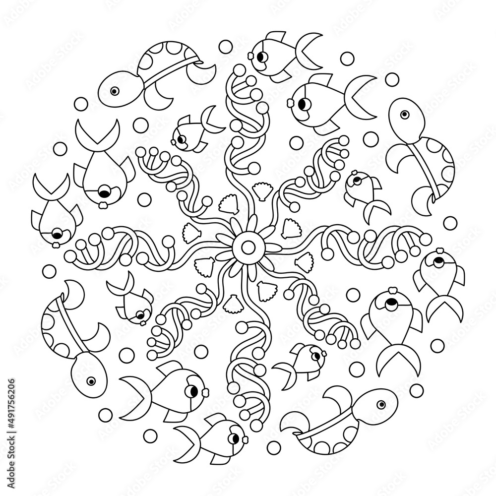 Fototapeta premium Underwater coloring book page for older children. Mandala. Ocean flora and fauna in the circle shape. Hand drawn vector illustration