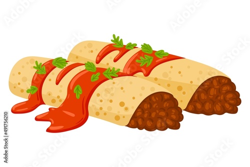 Cartoon Enchiladas Mexican food vector illustration. Traditional Mexican Cuisine. Enchiladas with sauce isolated on white background