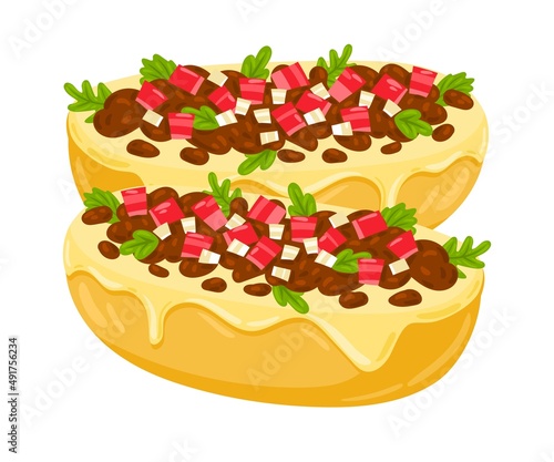 Cartoon Molletes Mexican food vector illustration. Traditional Mexican Cuisine. Molletes with sauce, beans and cheese isolated on white background. photo