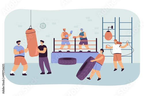 Gym interior with active cartoon men and women doing exercises. Group of people training, fighters or boxers in ring or arena, fight club flat vector illustration. Sports, healthy lifestyle concept